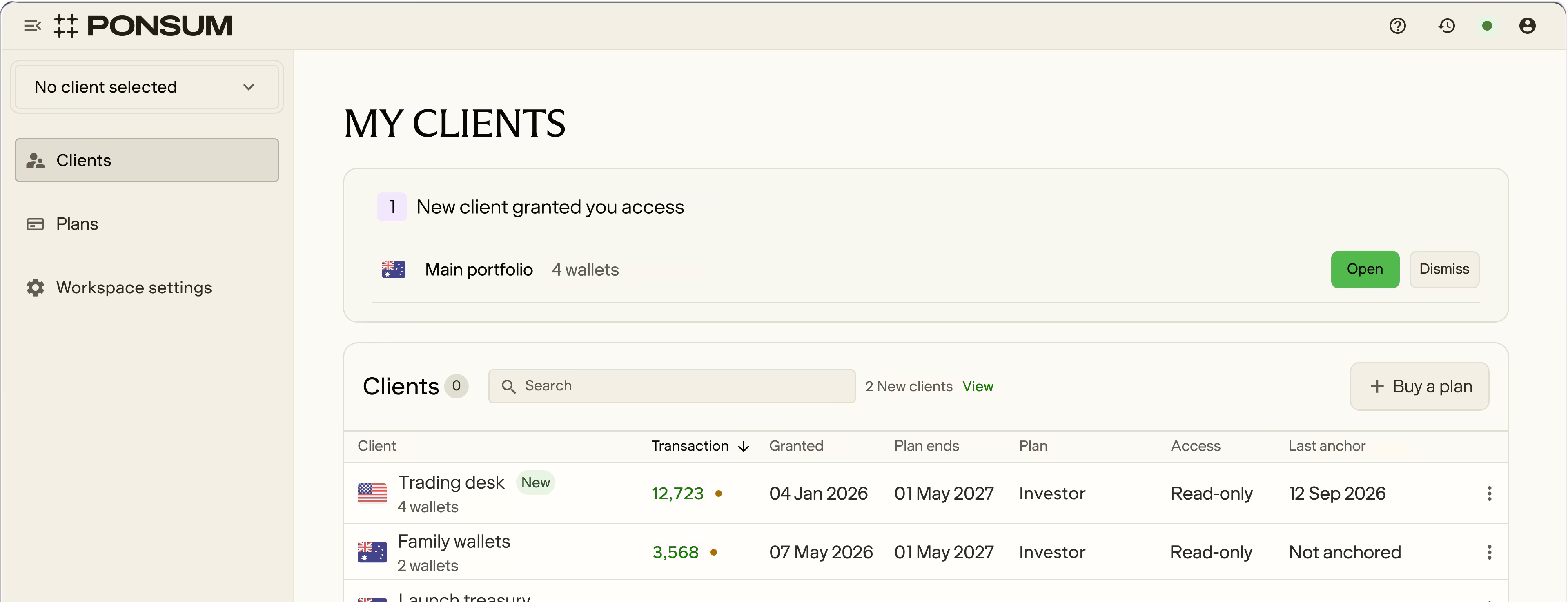 The PONSUM clients view listing client workspaces