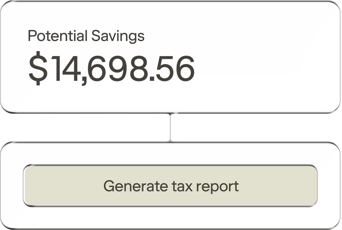 Potential savings of $14,698.56 above a Generate tax report button